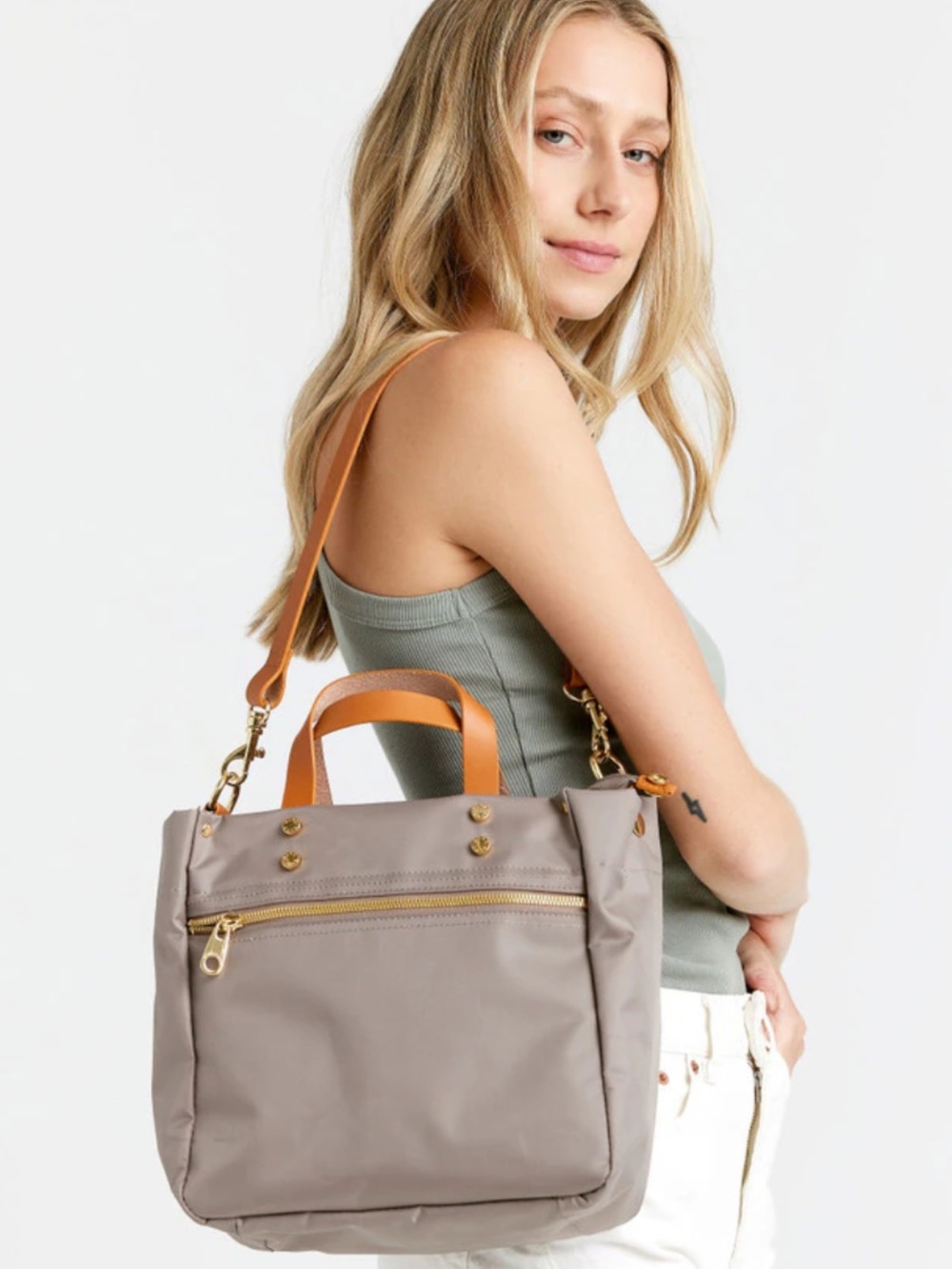 Boulevard Joey Tote in Taupe With Leather Handles.